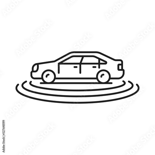 Self driving car and driverless vehicle icon, smart drive future technology, vector line pictogram. Driverless car icon with self-driving intelligent system of radar controls for automated transport