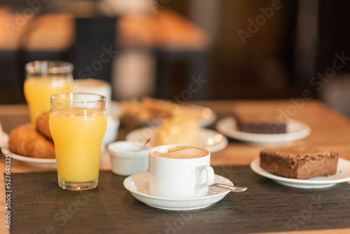 Assorted breakfast food on restaurant table