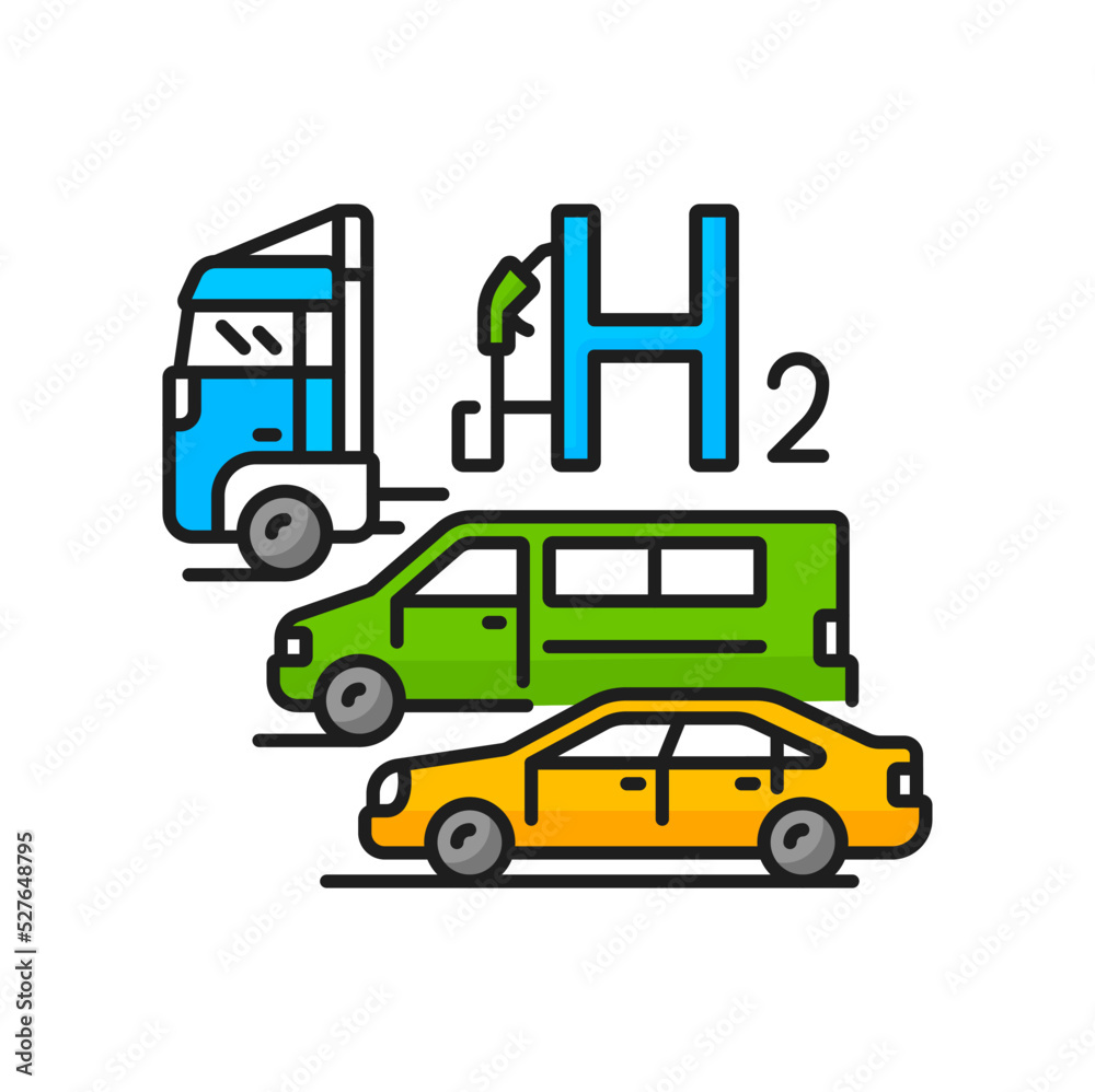 Hydrogen energy in cars, green fuel and H2 power vector color icon. Renewable energy production, Hydrogen fuel in transport and automobile industry, oxygen cells electricity in automotive technology Hydrogen energy in cars, green fuel and H2 power vector color icon. Renewable energy production, Hydrogen fuel in transport and automobile industry, oxygen cells electricity in automotive technology