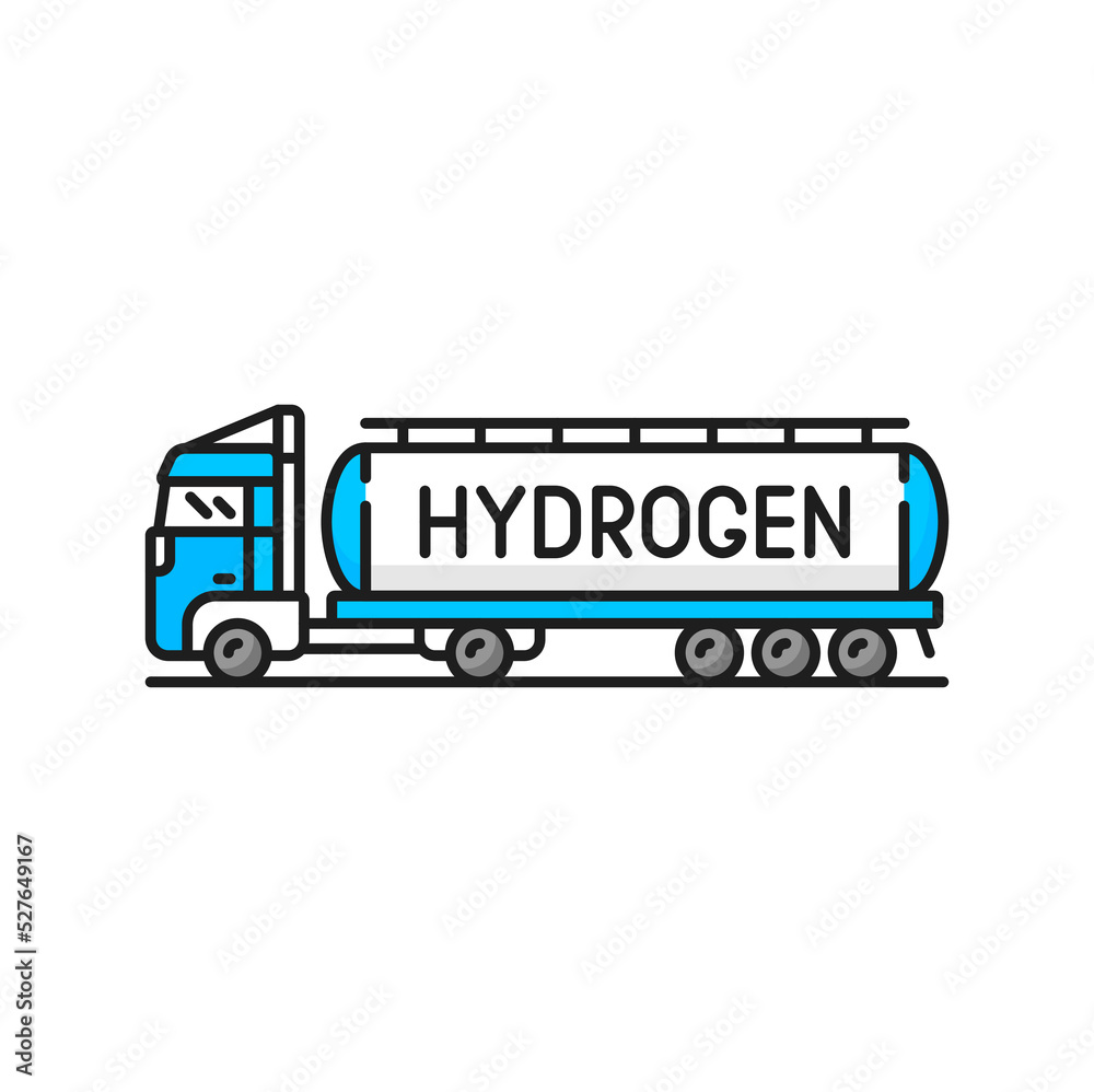 Hydrogen cistern truck color icon, H2 green energy production, vector linear symbol. Hydrogen production and storage tank or cistern truck of gas refueling factory plant or chemical station Hydrogen cistern truck color icon, H2 green energy production, vector linear symbol. Hydrogen production and storage tank or cistern truck of gas refueling factory plant or chemical station