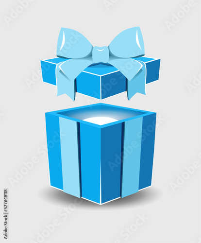 Open gift box with a surprise and a ribbon bow on a gray background.
   Realistic vector icon for gift,
   birthday or wedding banners