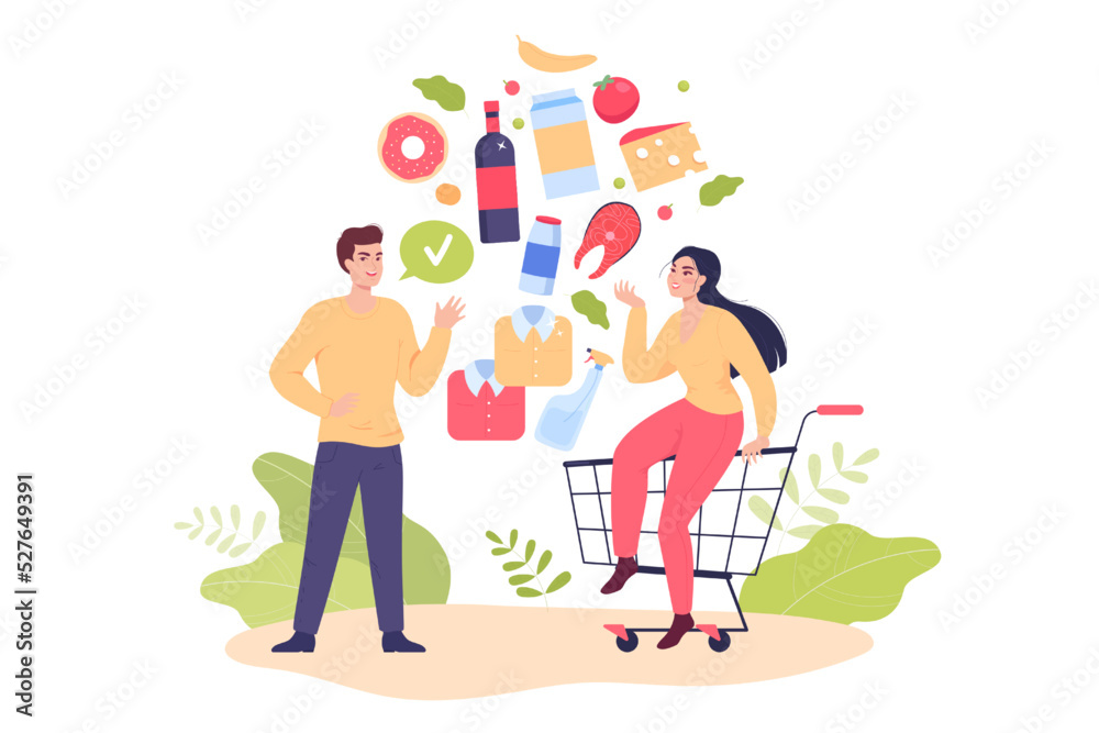People choosing from wide assortment of products. Male and female cartoon characters doing grocery shopping in supermarket flat vector illustration. Market, commerce, diversity, consumption concept