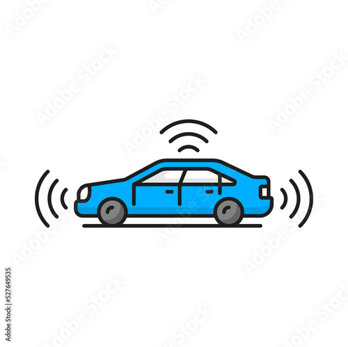 Autonomous driverless car with ultrasound wave signals isolated color outline icon. Vector self driving vehicle with radar sensing traffic monitoring system