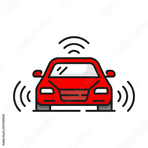 Driverless autonomous car, self driving vehicle isolated color outline icon. Vector auto traffic monitoring system, self driving vehicle with sensing radar