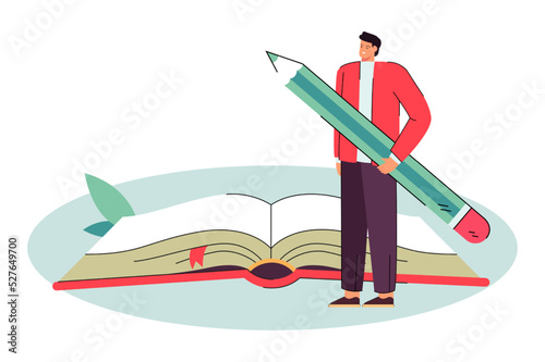 Tiny man standing next to huge open book and holding pencil. Male character writing story, diary or schedule flat vector illustration. Creativity, planning concept for banner or landing web page