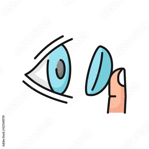 Contact lens icon, eye ophthalmology, optometry and laser surgery, line vector. Contact lens use inserting or removing instruction symbol, finger putting contact lens to eye, pictogram or linear icon