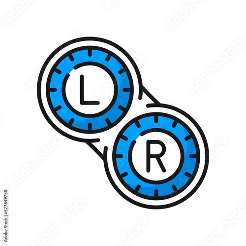 Contact lens container case icon, eye ophthalmology, optometry and laser surgery vector line symbol. Contact lenses package case with L and R symbols, optical lenses instruction linear pictogram