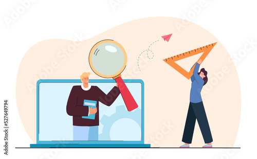 Teacher on laptop screen and tiny student with triangle ruler. Man with magnifier, girl carrying measuring tool flat vector illustration. Online education, geometry concept for banner, website