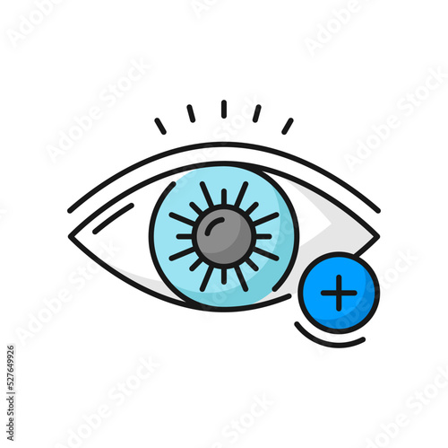 Hyperopia eye icon, sight vision defect or farsightedness, vector ophthalmology disorder. Hyperopia eye with plus diopter symbol, optometry phoropter examination of long sight or eye vision disorder