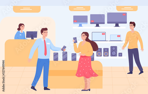 Client and shop assistant in electronic shop. Woman talking with salesperson, buying phone or smartphone flat vector illustration. Mall, store interior, purchase concept