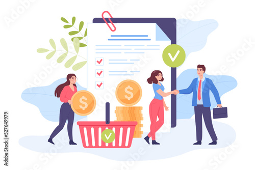 Businessmen making procurement flat vector illustration. Tiny employees or vendors supplying products and processing customers orders. Supply chain, management, strategy concept