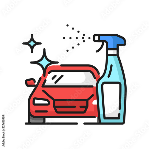 Car care, cleaning and wash service icon, clean glass polish, line vector of carwash spray. Car care or hand wash service with wax varnish for clean detailing, linear pictogram of sprayer