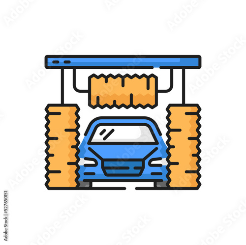 Car wash, automatic carwash service and vehicle clean care, vector icon or pictogram. Car care icon of automatic auto washing station with brushes, vehicles cleaning garage isolated line symbol