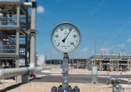 Close-up of a high pressure manometer at a natural gas pipeline compressor station