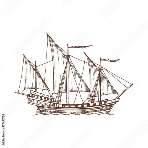 Billede på lærred Sailing ship with flag, retro sailboat old vessel
