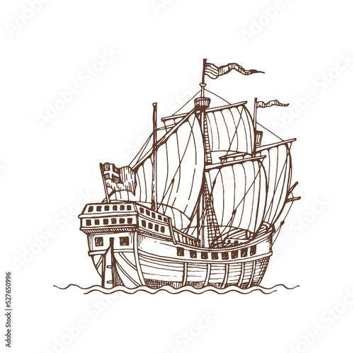 Vintage warship, sketch of sailboat with canvas, rigged caravel carrack ship on waves sketch icon. Vector English galleon old vessel, retro ship with canvas