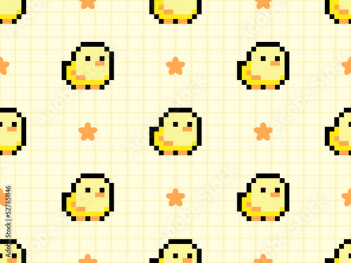Chick cartoon character seamless pattern on yellow background. Pixel style