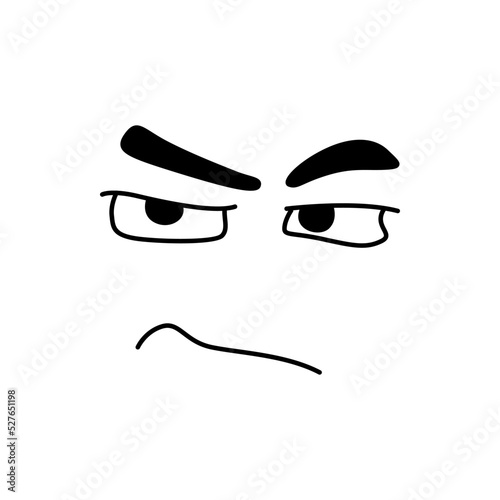 Gloomy smile emoticon emoji line art icon. Vector cartoon comic smiley eyes and frowning face