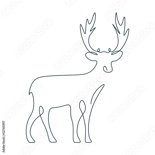 Deer in one line. Christmas or New Year illustration by continuous line. Contour drawing of reindeer. Forest wild deer in single line. Modern illustration in minimalistic abstract style.