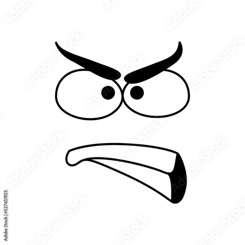 Angry smile face emoticon, disgruntled comic smiley with annoyed grumbling mouth. Vector isolated cartoon line emoji