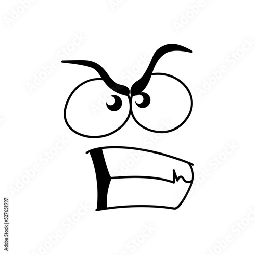 Smile face emoticon, disgruntled comic smiley with annoyed grumbling mouth and angry brows. Vector isolated cartoon line emoji