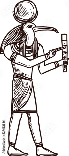 Thoth, Egyptian god in sketch, ancient Egypt deity god vector icon. Ancient Egypt god of wisdom, Thoth with head of ibis bird, culture and religion symbol in hand drawn sketch