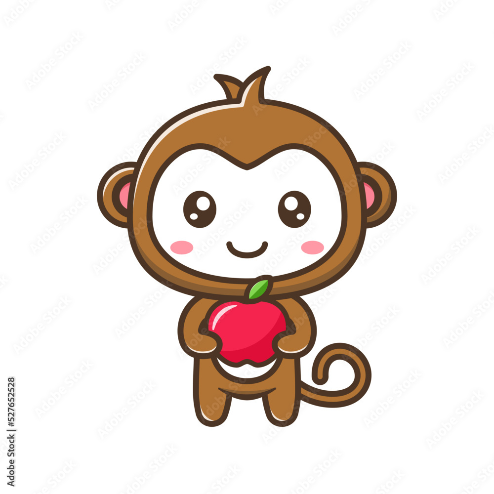 Obraz premium Cute litle monkey with apple cartoon illustration isolated suitable For sticker, crafting, scrapbooking, poster, packaging, children book cover