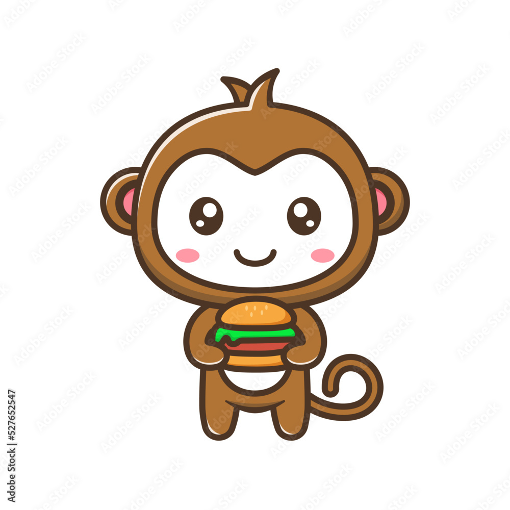 Cute litle monkey with burger cartoon illustration isolated suitable For sticker, crafting, scrapbooking, poster, packaging, children book cover Cute litle monkey with burger cartoon illustration isolated suitable For sticker, crafting, scrapbooking, poster, packaging, children book cover