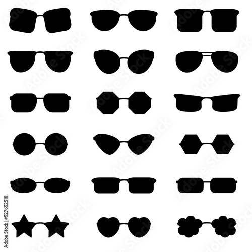 A selection of icons of glasses with black fillings of various shapes in eighteen options.