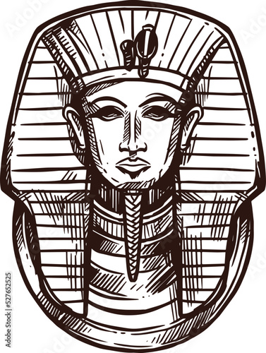 Tutankhamen pharaoh sketch, Ancient Egyptian mummy golden mask, vector icon. Ancient Egypt history, religion and culture artifact, Cairo pharaoh king Tutankhamun in hand drawn sketch