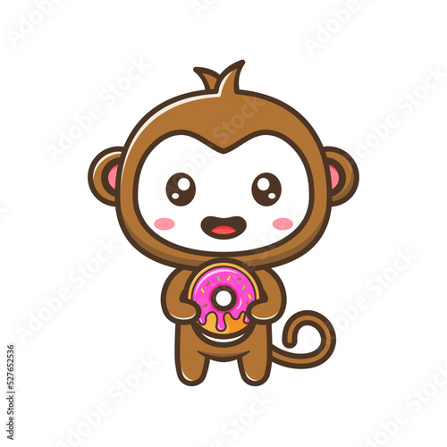 Cute litle monkey with doughnut or donut cartoon illustration isolated suitable For sticker, crafting, scrapbooking, poster, packaging, children book cover