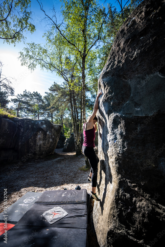 Woman bouldering in Fontainebleau