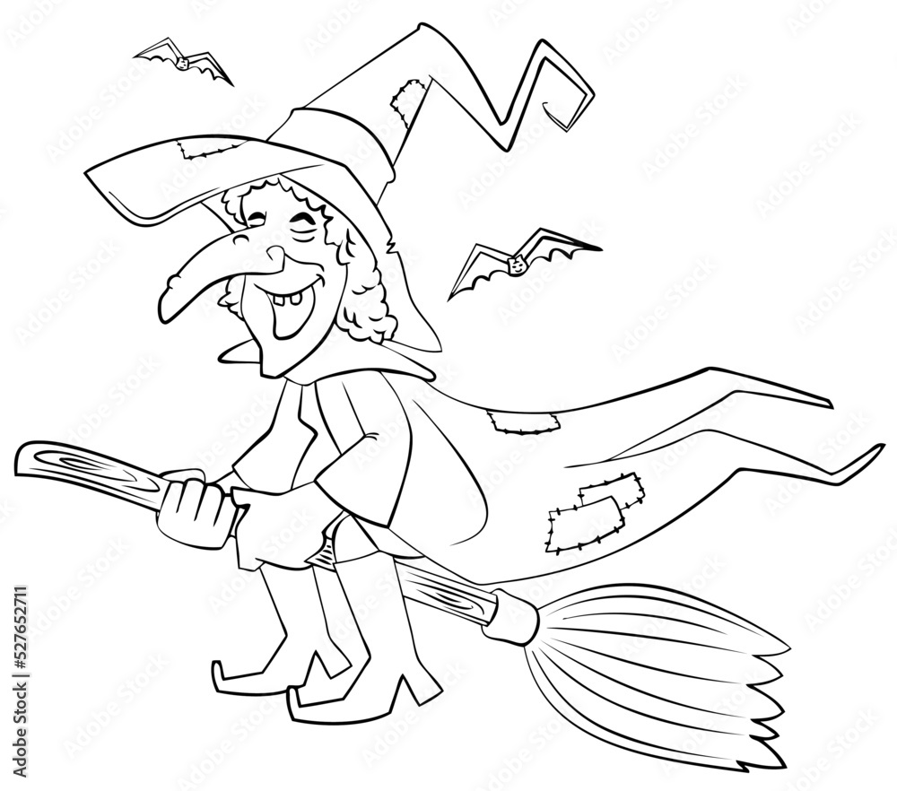 Witch on a broomstick. Element for coloring page. Cartoon style. Stock ...