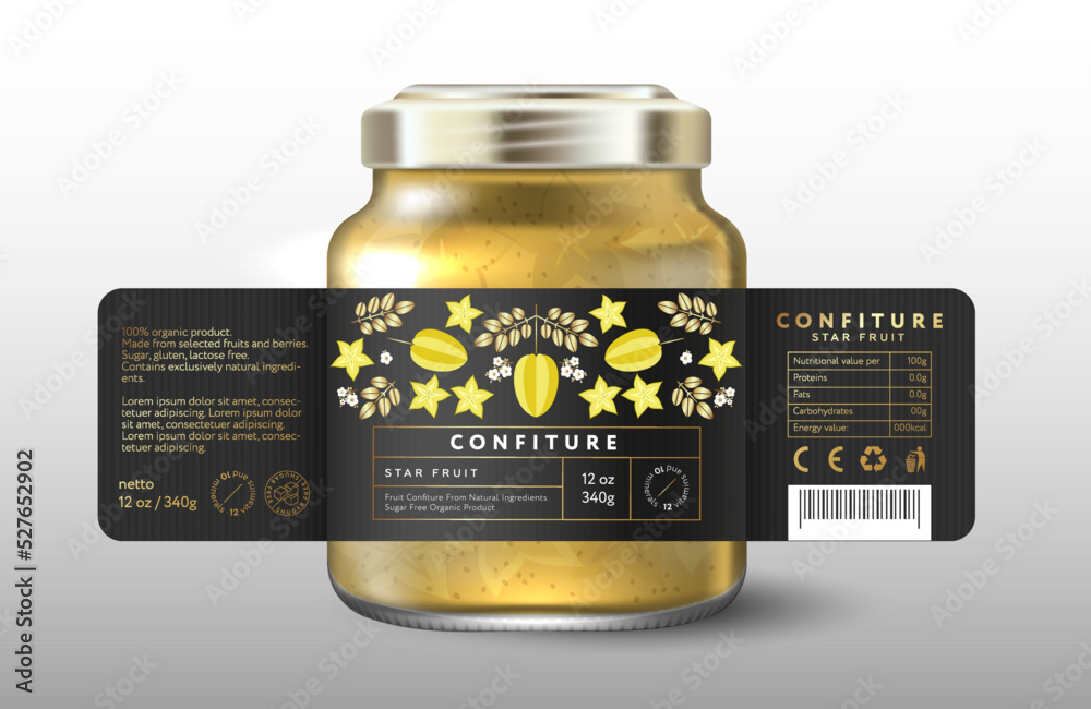 Ripe star fruit or carambola confiture. Sweet food. Black label with slices of starfruit, cut fruits and gold leaves. Mock up of Glass Jar with Label.