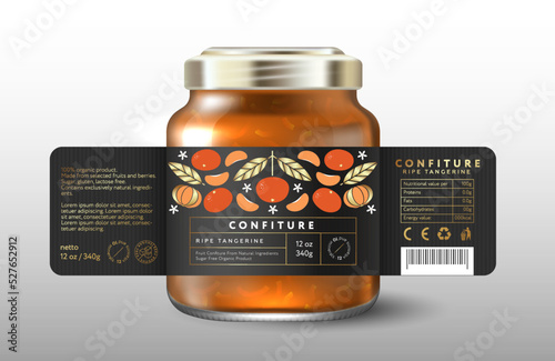 Ripe tangerine confiture. Sweet food. Black label with whole fruit, mandarin lobule and gold leaves. Mock up of Glass Jar with Label. 