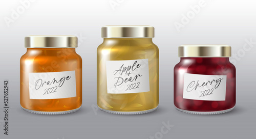 Set of mock up of glass jars with a golden lids and stickers. Packaging for marmalade, confiture, jam, sweet canned food template. Mockup of a glass jar with a label.