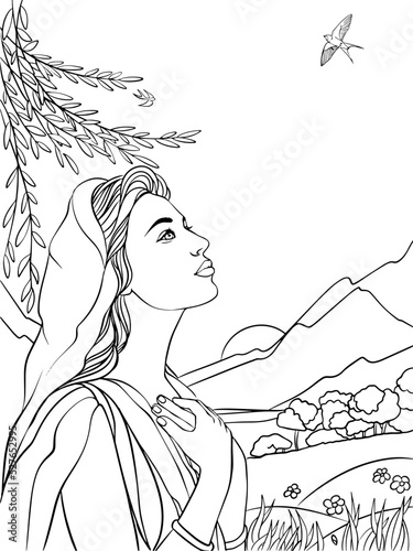 Girl praying to jesus on the background of mountains linear black and white vector drawing. For coloring books. For books.