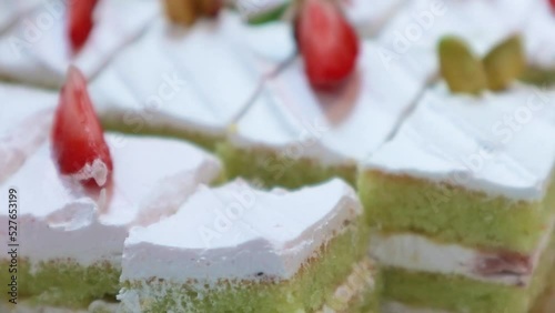 Close up of desserts Matcha Strawberry cake 