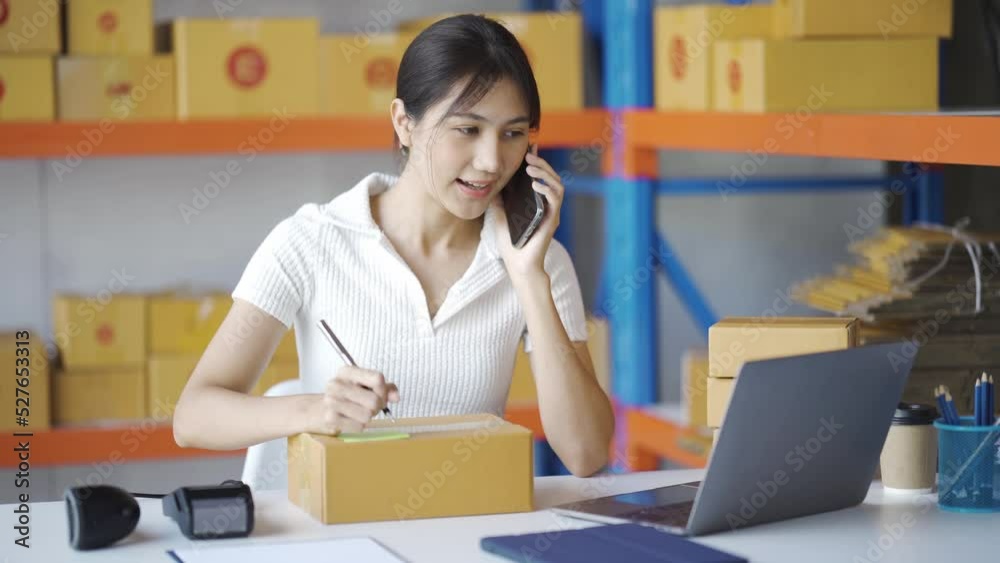 Starting small businesses SME owners female entrepreneurs check online orders to prepare to pack the boxes, sell to customers, sme business ideas online. Starting small businesses SME owners female entrepreneurs check online orders to prepare to pack the boxes, sell to customers, sme business ideas online.