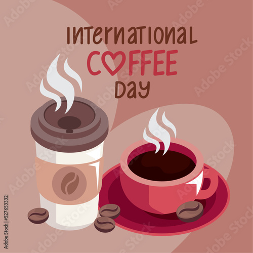 international coffee day lettering with containers