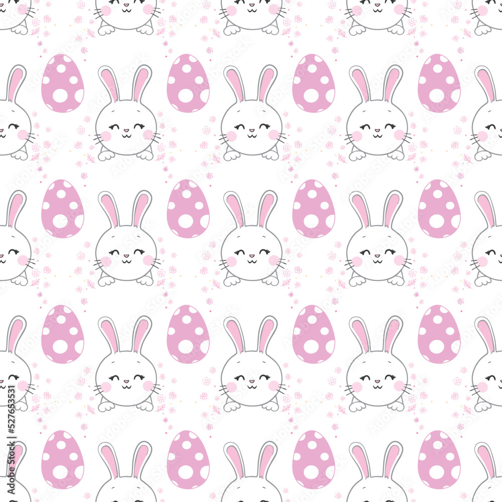 Seamless pattern with daisy garden and rabbits on pink background vector illustration.