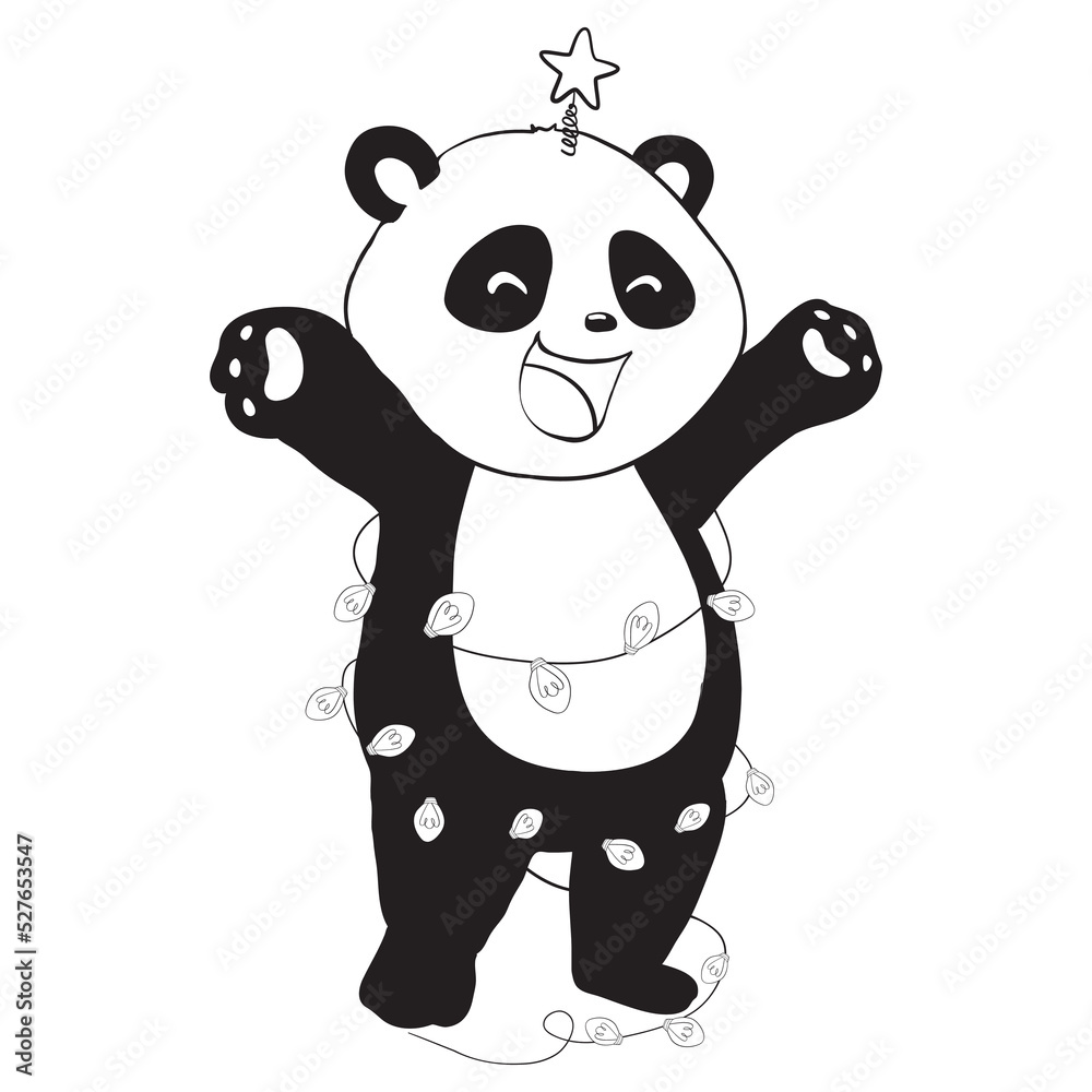Stylized Giant panda full body drawing. Simple panda bear icon or logo