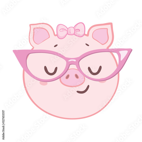 Colorful cute vector pig face in sunglasses. One object on a white background. Cartoon flat illustration. Emoji funny pet animal. Embarrassed smile emotion. Template icon. Logo, sticker.