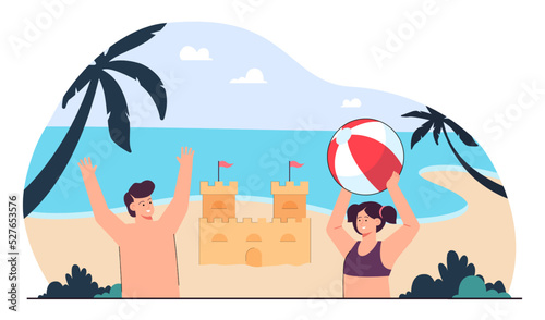 Brother and sister playing ball game on beach. Little boy and girl in front of sand castle near ocean flat vector illustration. Vacation, childhood, leisure, outdoor activities concept for banner