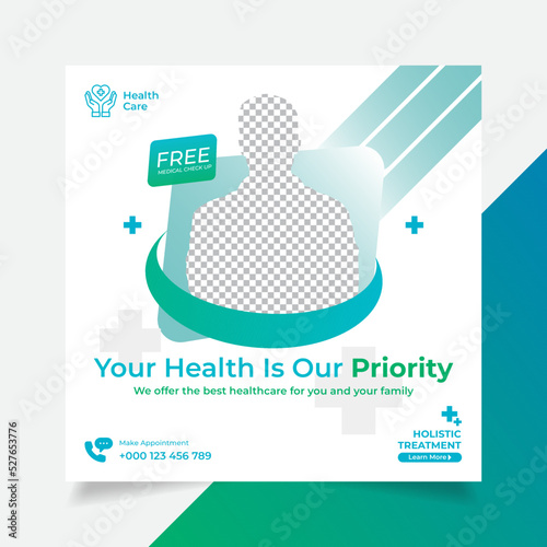 Professional medical healthcare service social media post template design. Clinic or hospital digital marketing flyer for web. Creative health business promotion banner for doctor & dentist with logo