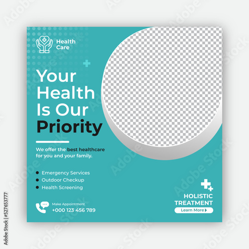 Professional medical healthcare service social media post template design. Clinic or hospital digital marketing flyer for web. Creative health business promotion banner for doctor & dentist with logo