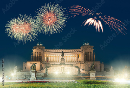 Rome Capital of italy vittorio emanuel with fireworks and evening lights