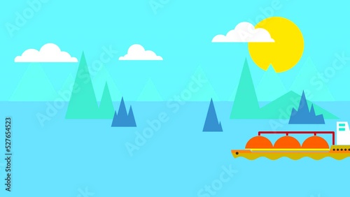 Flat animation of seascape with sun, clouds and sea transport. Looped video with color drawings of ships and sailboats. Offshore gas tanker transports hydrocarbons.