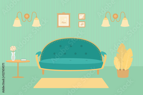 Cozy room with green sofa. Home interior concept