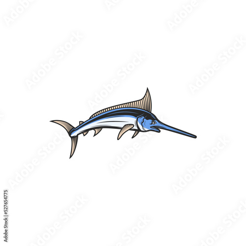 Broadbills fish sword like snout isolated swordfish cartoon icon. Vector predatory game fish with long, flat bill, Xiphiidae, seafood. Long toms marlin, broadbill saltfish with flattened snout